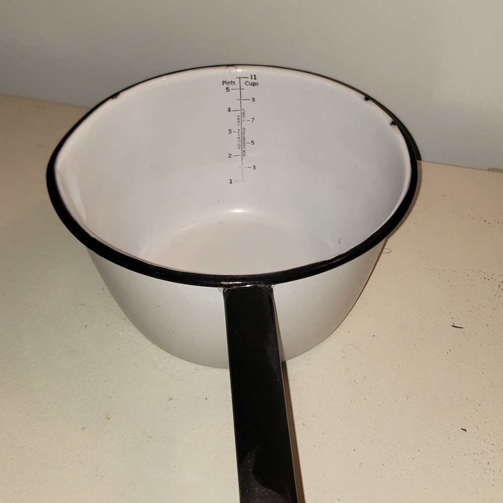 Vintage Farmhouse White Enamel Saucepan with Black Trim and Handle